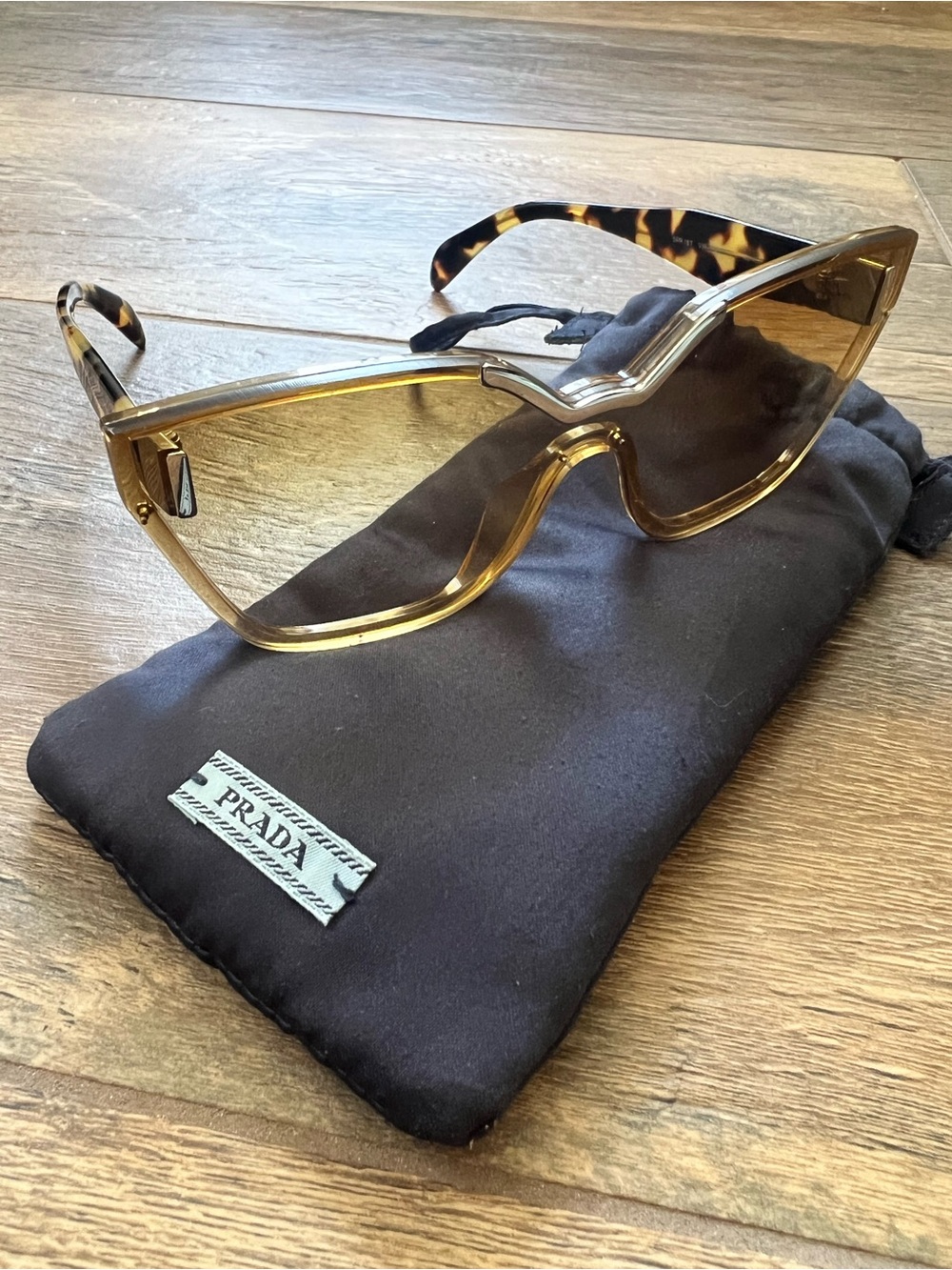 PRADA SPR 16T Amber Shield Sunglasses Tortoiseshell Arms - Certified Authentic